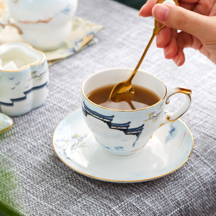 Building With Lake Bone China Tea Set