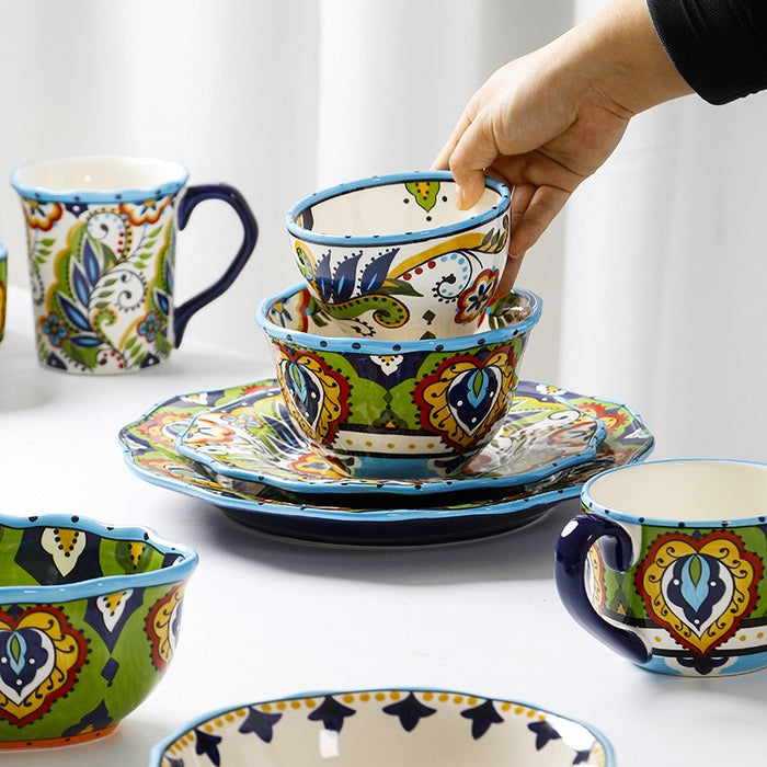 Green Hand-painted Boho Dinner Set-8