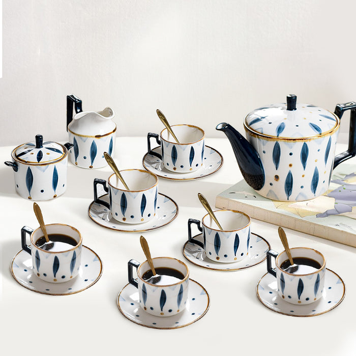 Hand-painted Blue Leaves-Shaped Coffee & Tea Set