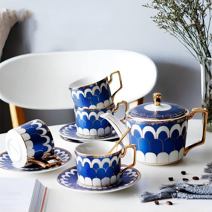 Golden Rim Geometric Coffee Cup and Saucer Set