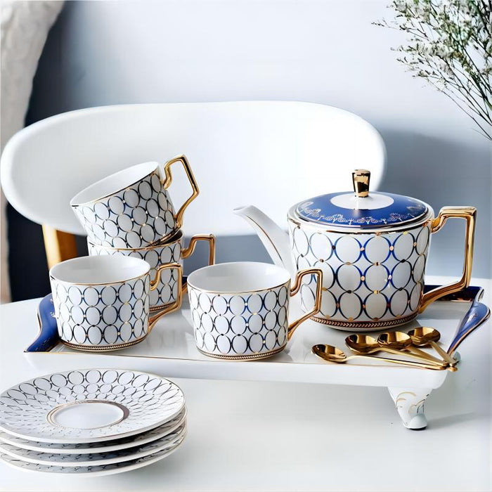 Golden Rim Geometric Coffee Cup and Saucer Set