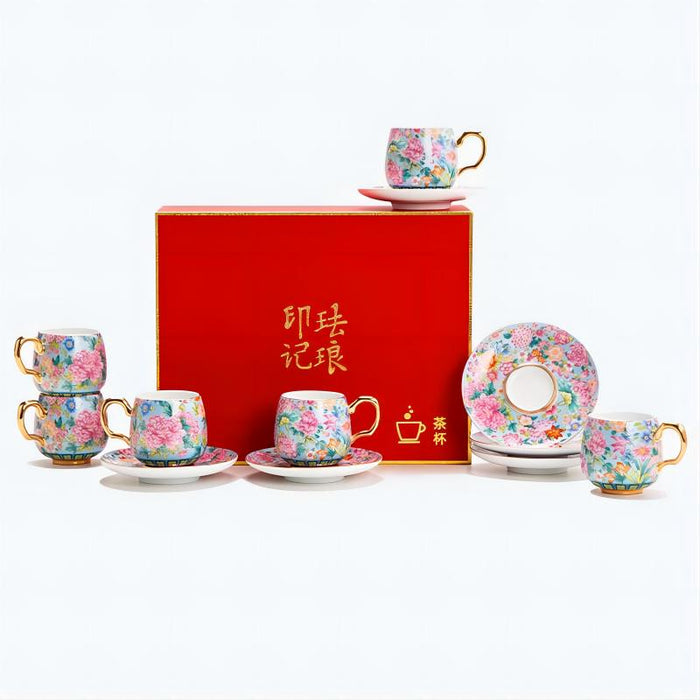 Golden Rim Enamel Ceramic Cup and Saucer Set of 6