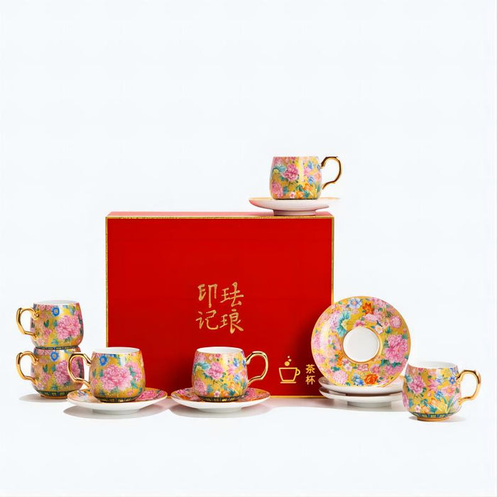 Golden Rim Enamel Ceramic Cup and Saucer Set of 6