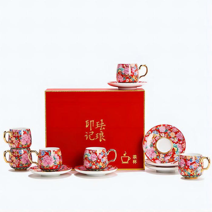 Golden Rim Enamel Ceramic Cup and Saucer Set of 6