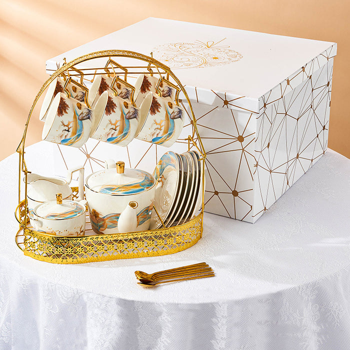 Goden Deer And Ink Landscape Tea Set