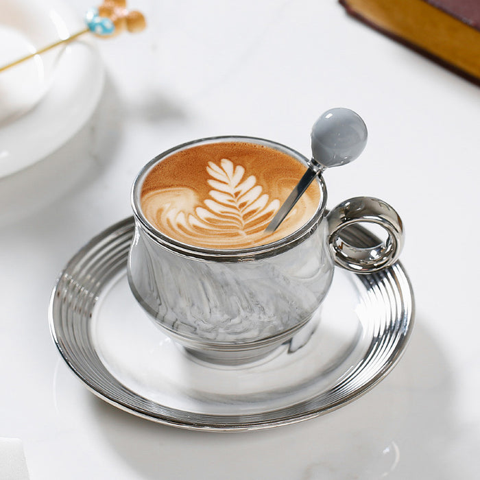 Marbled Grey Pink Coffee Cup And Saucer With Silver-plated Spoon