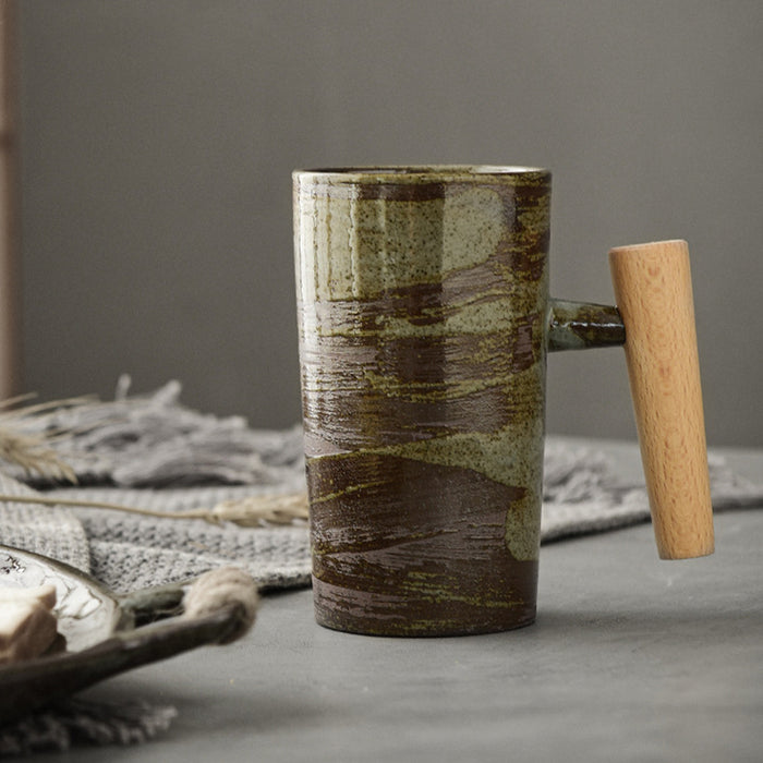 Large Retro Wooden Handle Ceramic Tea Mug