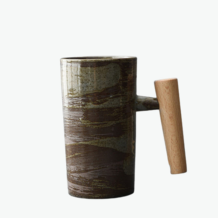 Large Retro Wooden Handle Ceramic Tea Mug