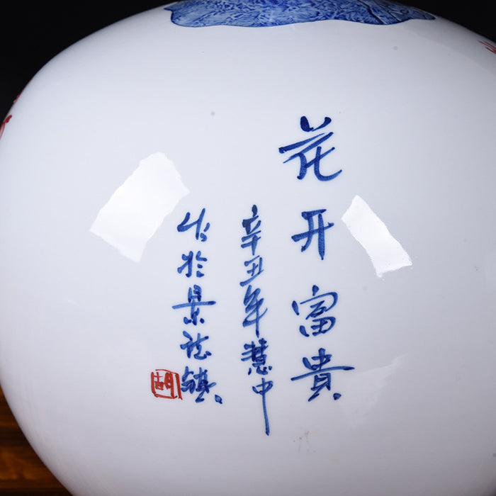 Blue And White Hand Painted Red Flower Floor Vase