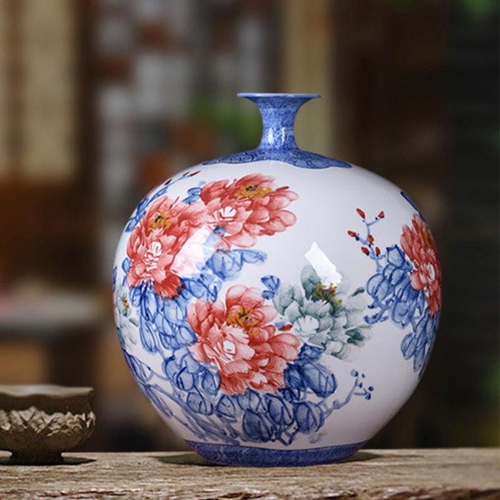 Blue And White Hand Painted Red Flower Floor Vase