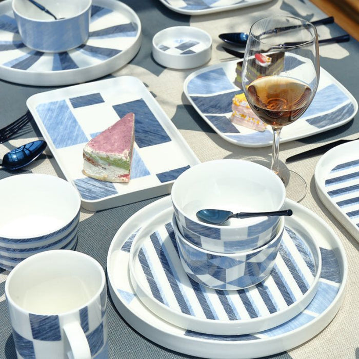 Nordic Blue Plaid Geometric Ceramic Plate