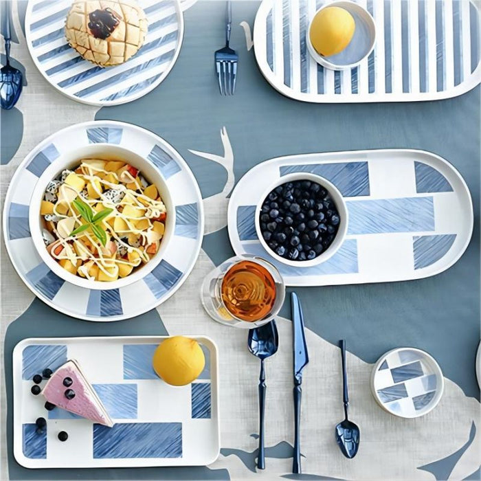 Nordic Blue Plaid Geometric Ceramic Plate