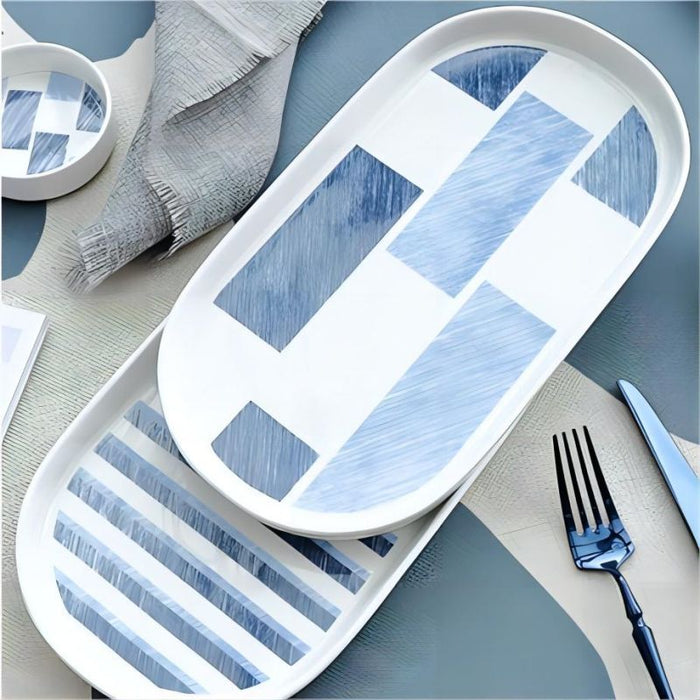 Nordic Blue Plaid Geometric Ceramic Plate