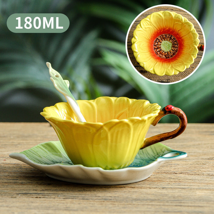 Flower And Leaf Colored Enamel Tea Cup and Saucer