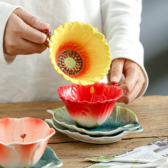 Flower And Leaf Colored Enamel Tea Cup and Saucer
