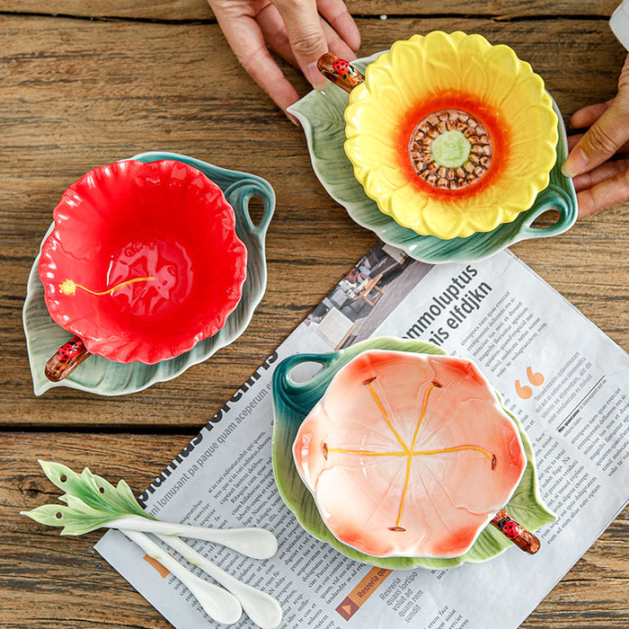 Flower And Leaf Colored Enamel Tea Cup and Saucer