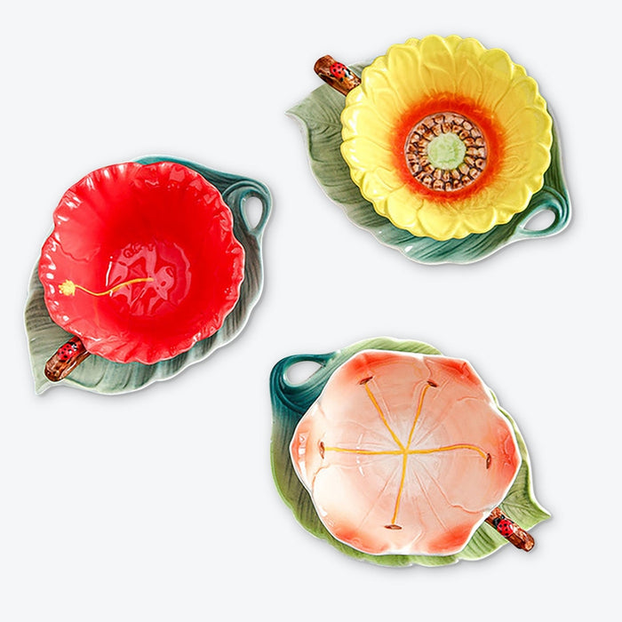Flower And Leaf Colored Enamel Tea Cup and Saucer