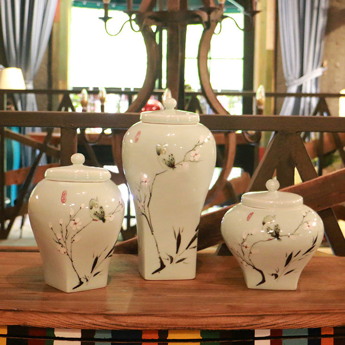 Hand-Painted Bird Design Porcelain Jar