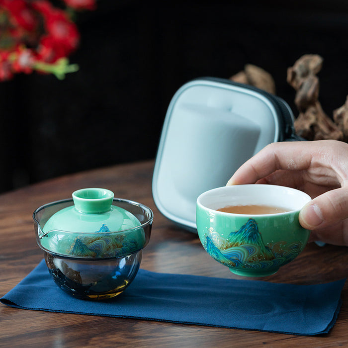 Suet Jade Mountain Travel Tea Set