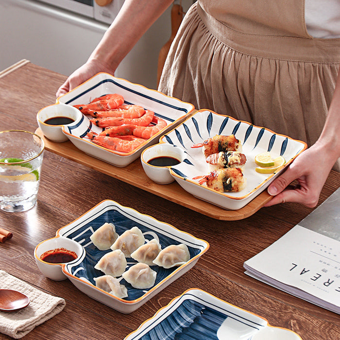 Japanese Square Ceramic Plate with Dipping Saucer
