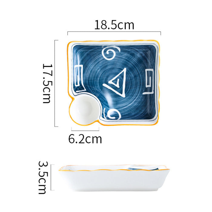 Japanese Square Ceramic Plate with Dipping Saucer