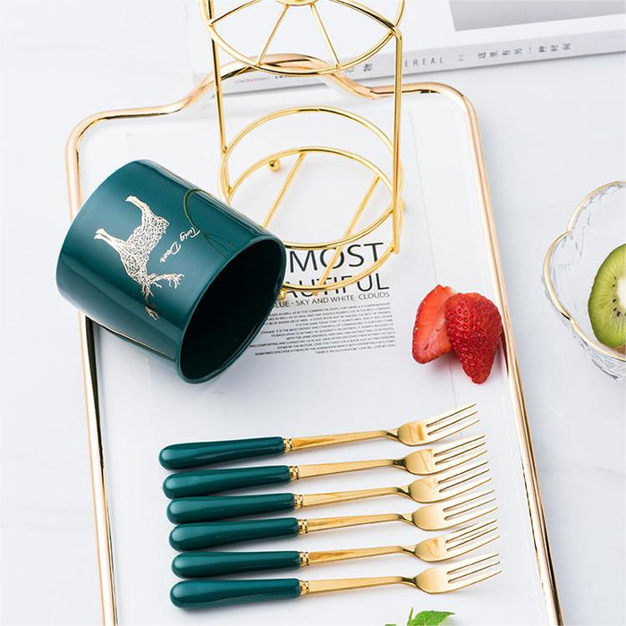6 Pcs Golden Stainless Steel Fruit Fork With A Ceramic Holder Rack
