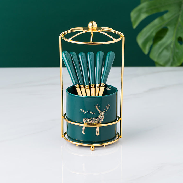 6 Pcs Golden Stainless Steel Fruit Fork With A Ceramic Holder Rack