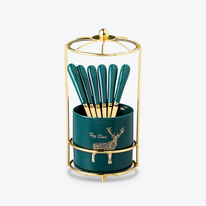 6 Pcs Golden Stainless Steel Fruit Fork With A Ceramic Holder Rack