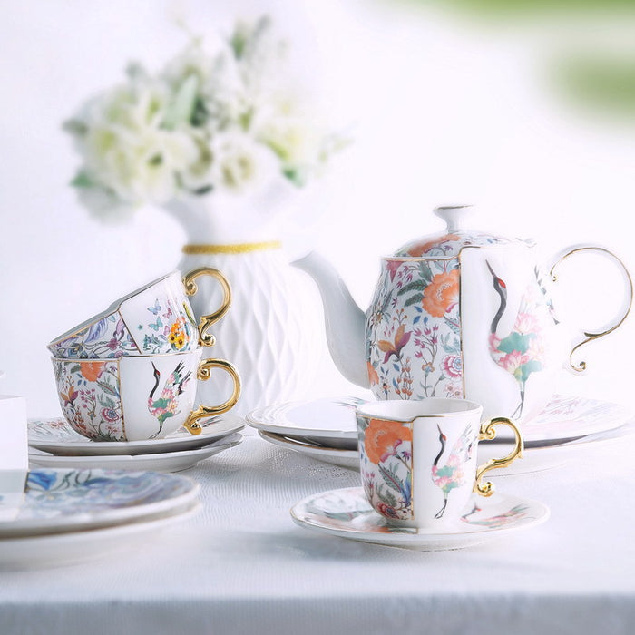 Two Sides Flower And Crane Tea Set