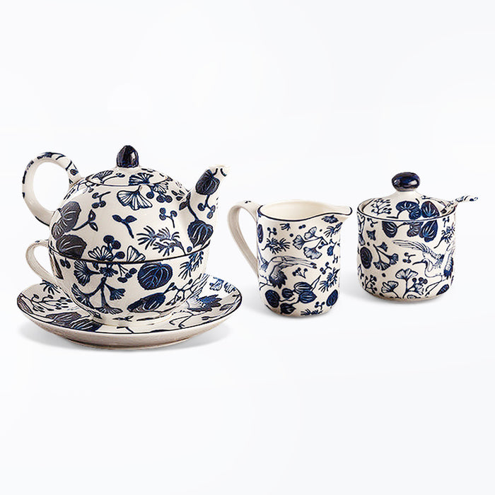 Blue And White Floral Porcelain Tea Set