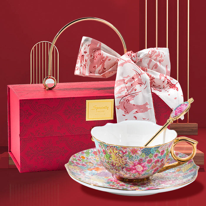 Enamel Wanhua Tea Cup And Saucer Set