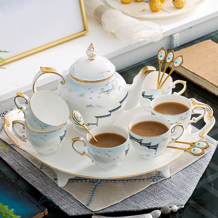 Building With Lake Bone China Tea Set