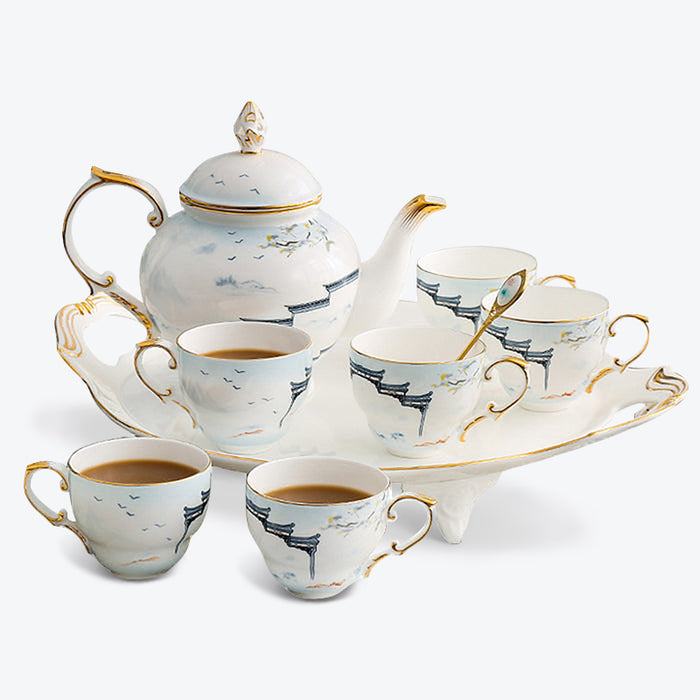 Building With Lake Bone China Tea Set