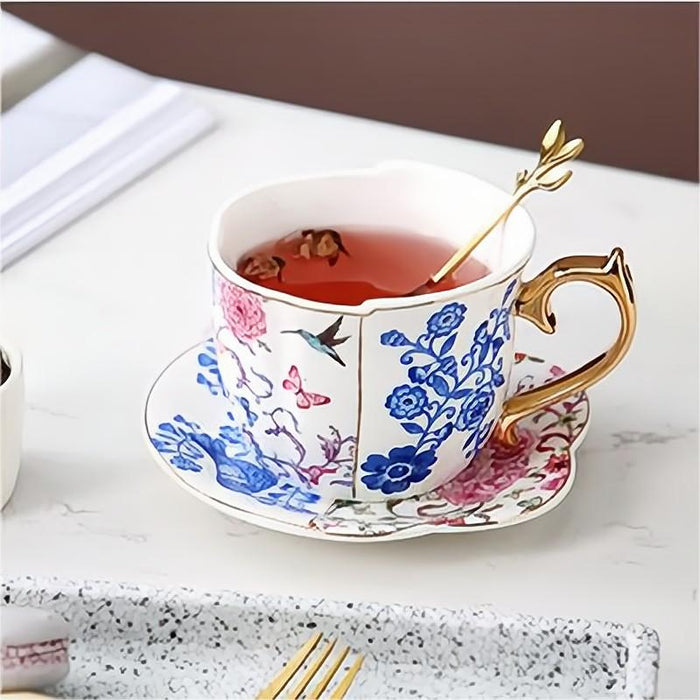 Set of 4 Flowers Birds Tea Cup And Saucers