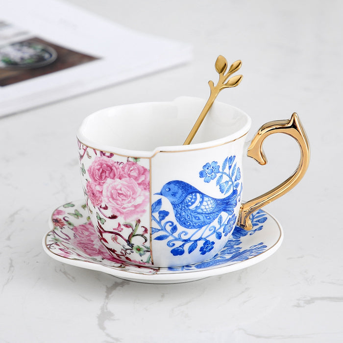 Set of 4 Flowers Birds Tea Cup And Saucers