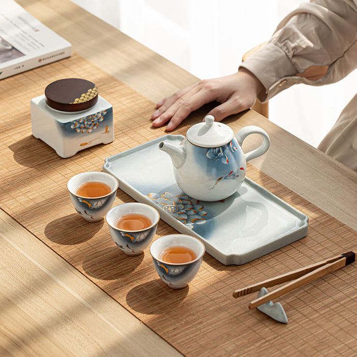 Blue Lotus Ceramic Tea Set With Tea Canister