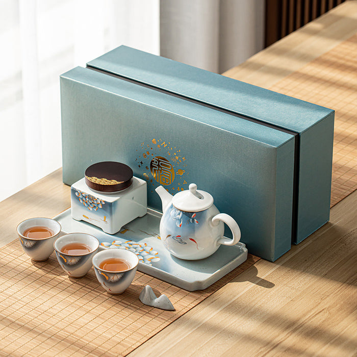 Blue Lotus Ceramic Tea Set With Tea Canister