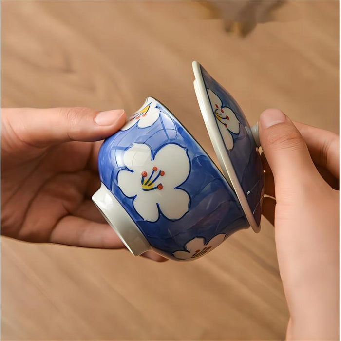 Japanese Flower Handpainted Tea Cup with Lid