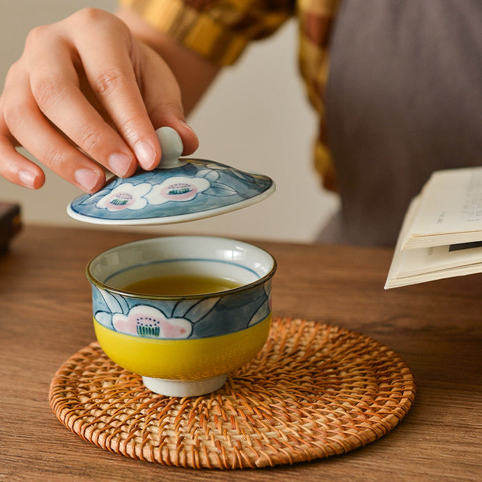 Japanese Flower Handpainted Tea Cup with Lid