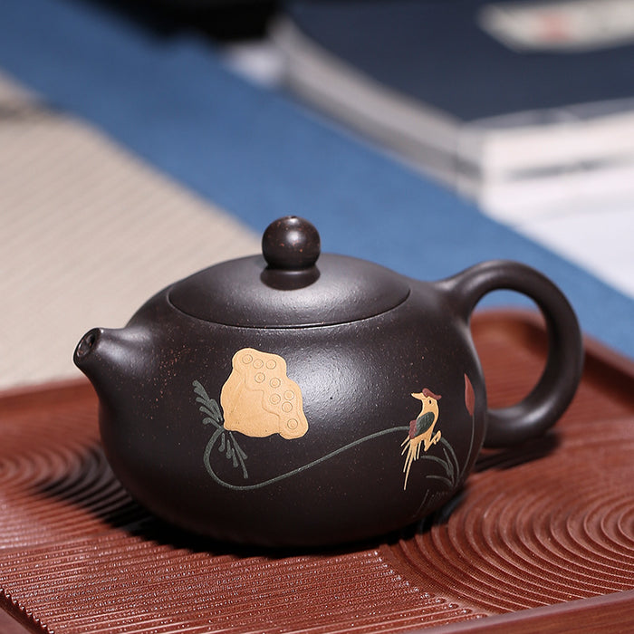 Yellow Flower & Bird Black Clay Teapot