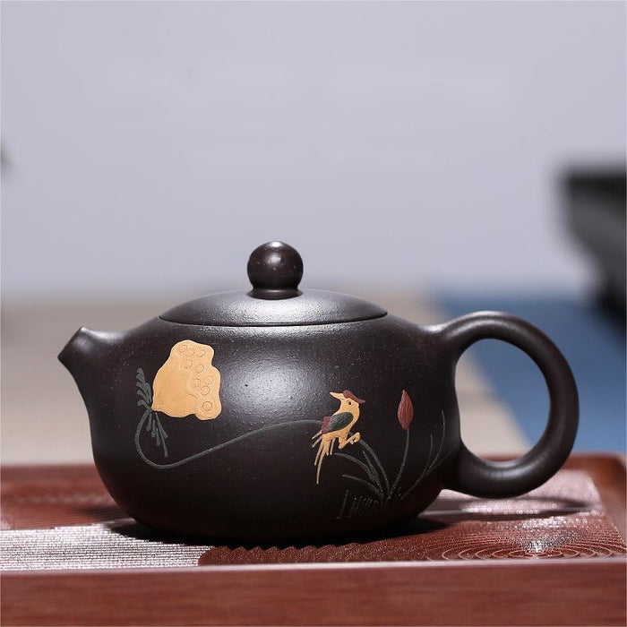 Yellow Flower & Bird Black Clay Teapot