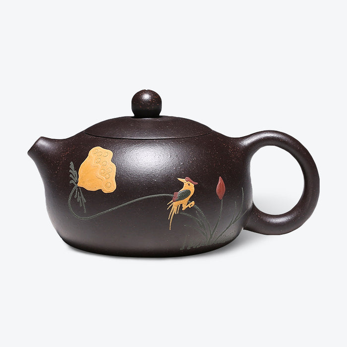 Yellow Flower & Bird Black Clay Teapot