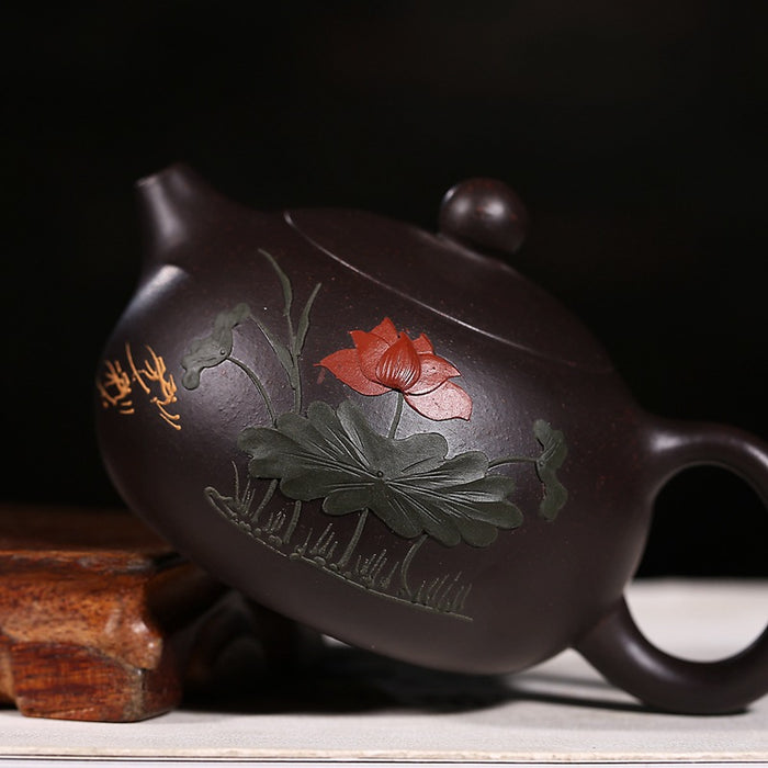 Yixing Lotus Pond Black Clay Xishi Teapot