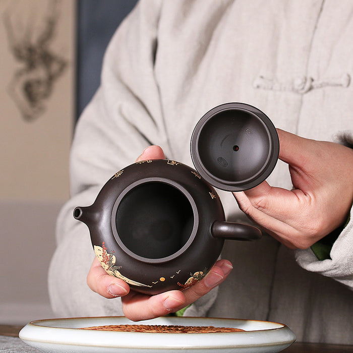 Yixing Landscape Painting Black Clay Teapot