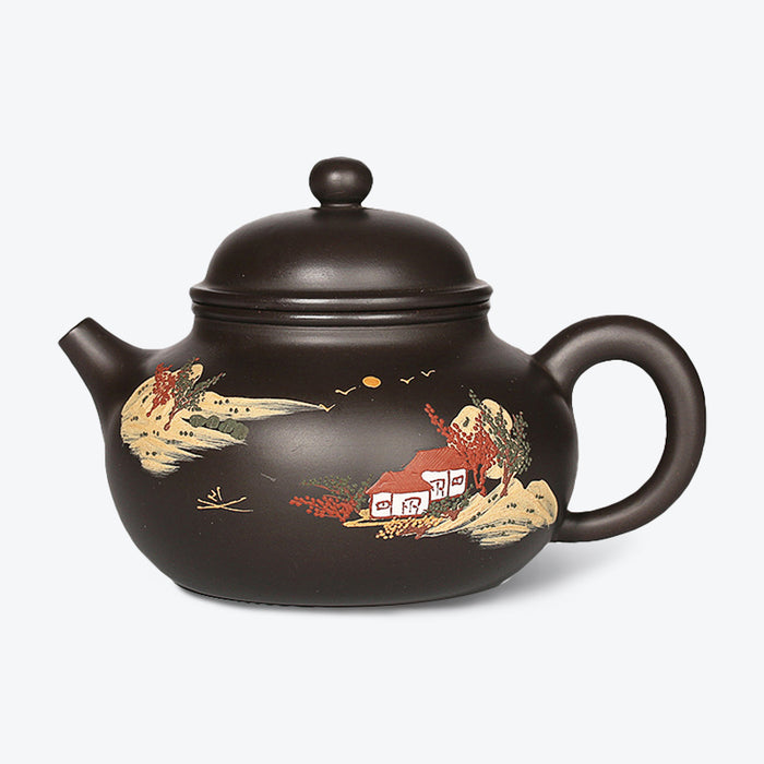 Yixing Landscape Painting Black Clay Teapot