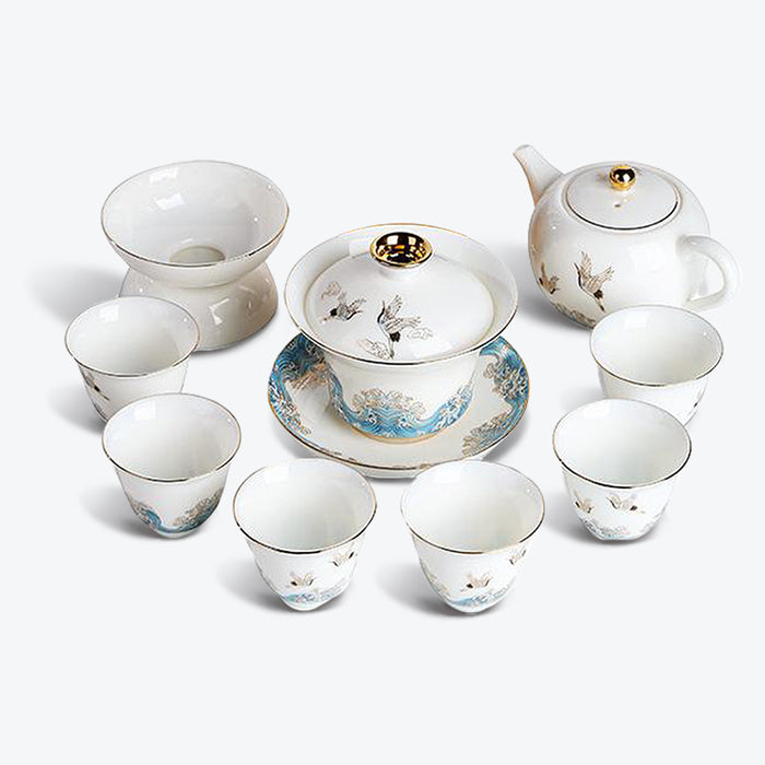 Chinese Wave and Crane Porcelain Tea Set
