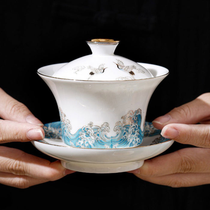 Chinese Wave and Crane Porcelain Tea Set