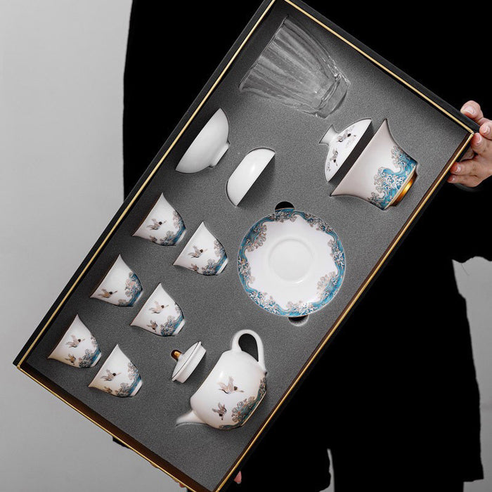 Chinese Wave and Crane Porcelain Tea Set