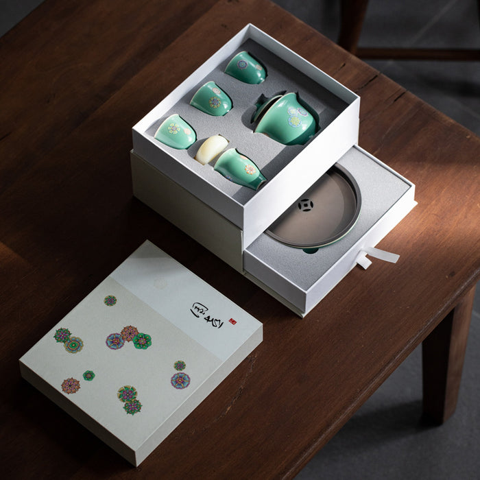 Green Floral Ceramic Kung Fu Tea Set