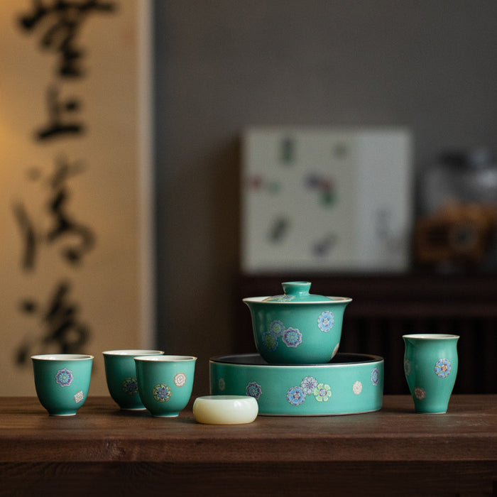 Green Floral Ceramic Kung Fu Tea Set